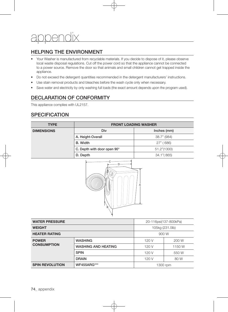 Appendix, Helping the environment, Declaration of conformity | Specification | Samsung WF455ARGSGR-AA User Manual | Page 74 / 276