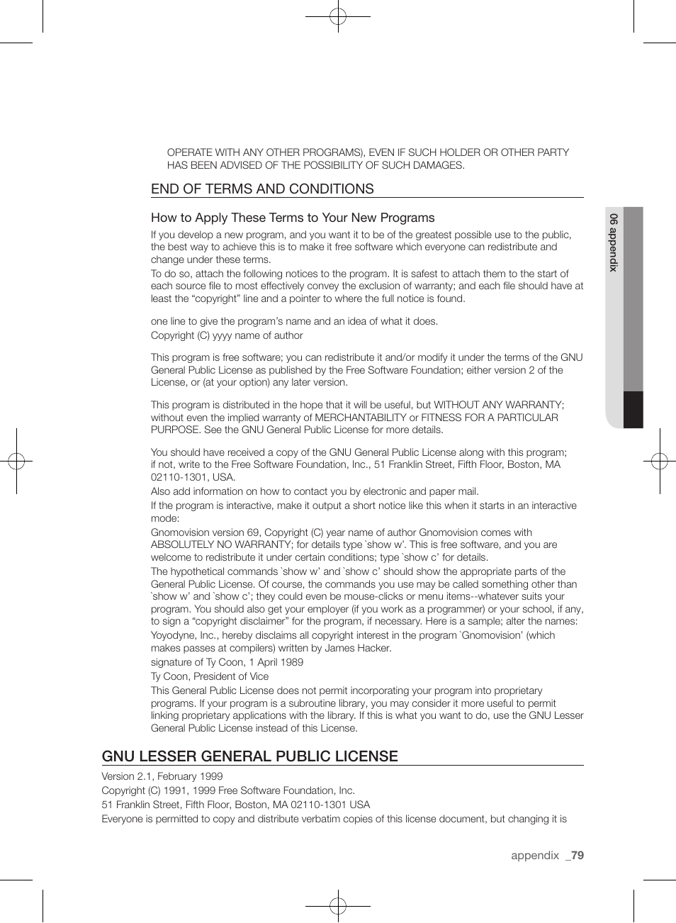 Gnu lesser general public license, End of terms and conditions | Samsung WF455ARGSGR-AA User Manual | Page 79 / 276