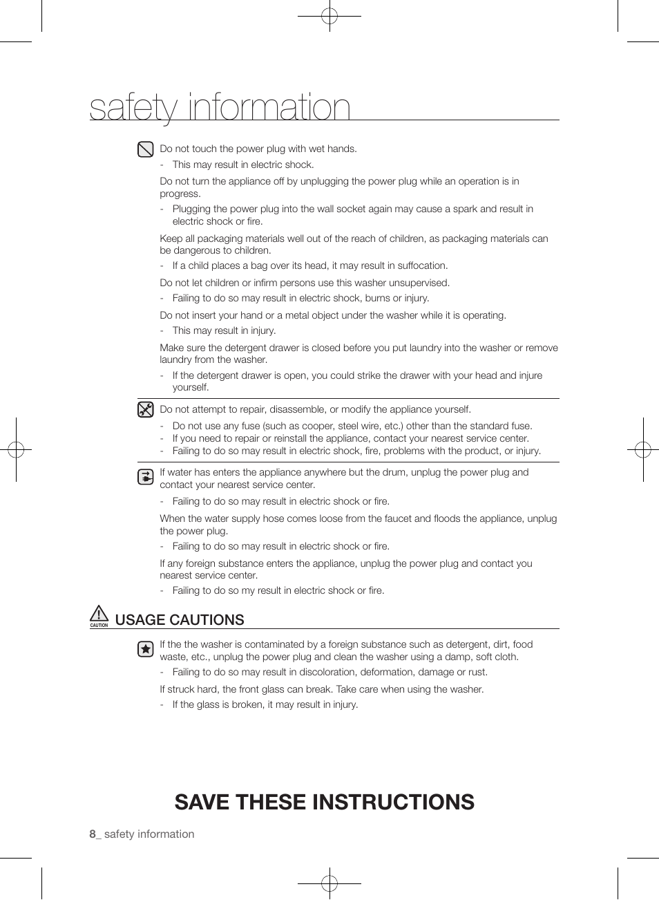 Safety information, Save these instructions, Usage cautions | Samsung WF455ARGSGR-AA User Manual | Page 8 / 276