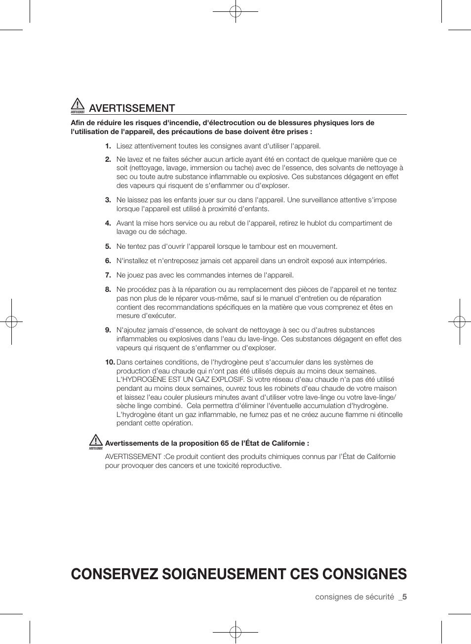 Conservez soigneusement ces consignes, Avertissement | Samsung WF455ARGSGR-AA User Manual | Page 97 / 276