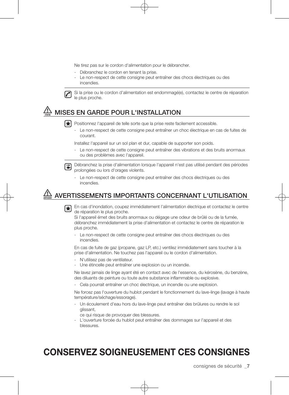 Conservez soigneusement ces consignes, Mises en garde pour l'installation, Avertissements importants concernant l'utilisation | Samsung WF455ARGSGR-AA User Manual | Page 99 / 276