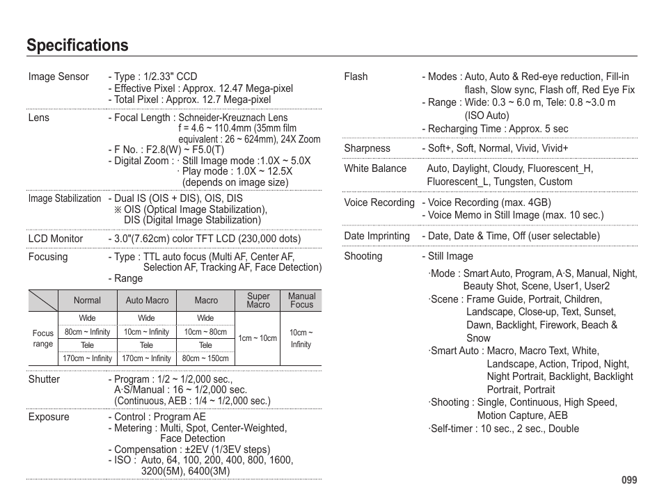 Specifi cations | Samsung EC-HZ25WZBPBUS User Manual | Page 100 / 122