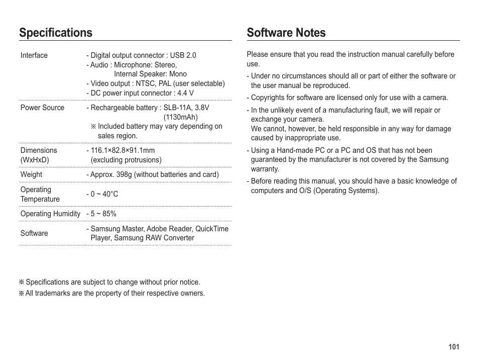 Specifications | Samsung EC-HZ25WZBPBUS User Manual | Page 102 / 122