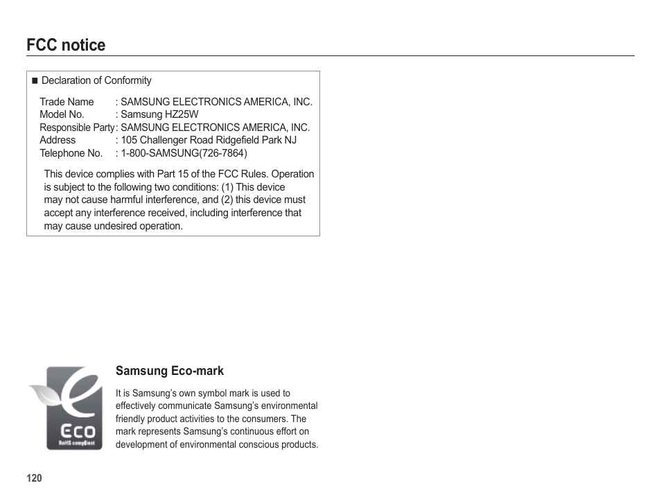 Fcc notice | Samsung EC-HZ25WZBPBUS User Manual | Page 121 / 122