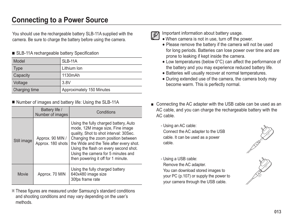 Connecting to a power source | Samsung EC-HZ25WZBPBUS User Manual | Page 14 / 122