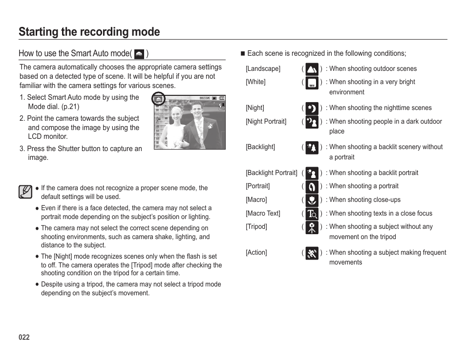 Starting the recording mode, How to use the smart auto mode( ) | Samsung EC-HZ25WZBPBUS User Manual | Page 23 / 122