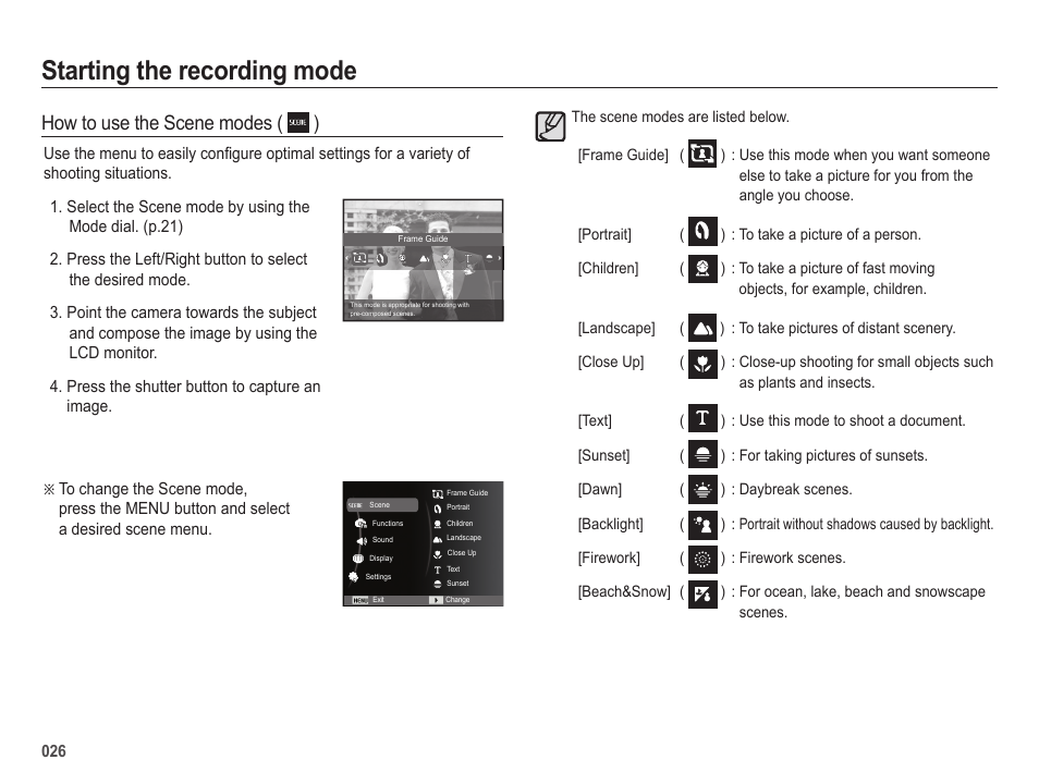 Starting the recording mode, How to use the scene modes ( ) | Samsung EC-HZ25WZBPBUS User Manual | Page 27 / 122