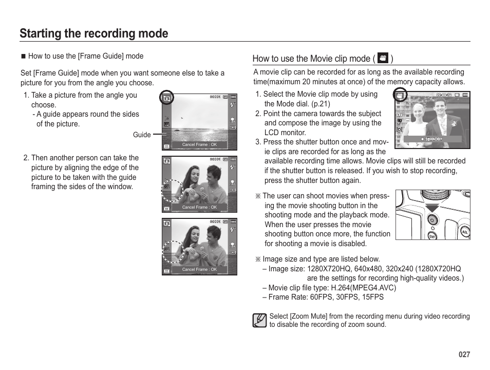 Starting the recording mode | Samsung EC-HZ25WZBPBUS User Manual | Page 28 / 122