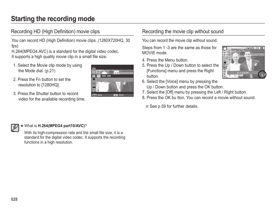 Starting the recording mode, Recording the movie clip without sound, Recording hd (high de¿ nition) movie clips | Samsung EC-HZ25WZBPBUS User Manual | Page 29 / 122