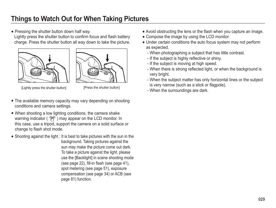 Things to watch out for when taking pictures | Samsung EC-HZ25WZBPBUS User Manual | Page 30 / 122