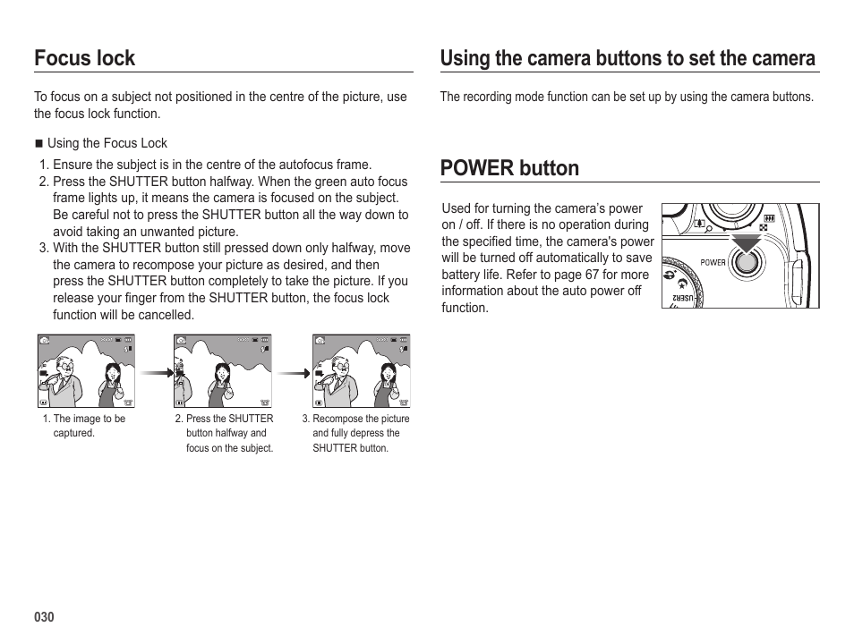 Using the camera buttons to set the camera, Power button focus lock | Samsung EC-HZ25WZBPBUS User Manual | Page 31 / 122