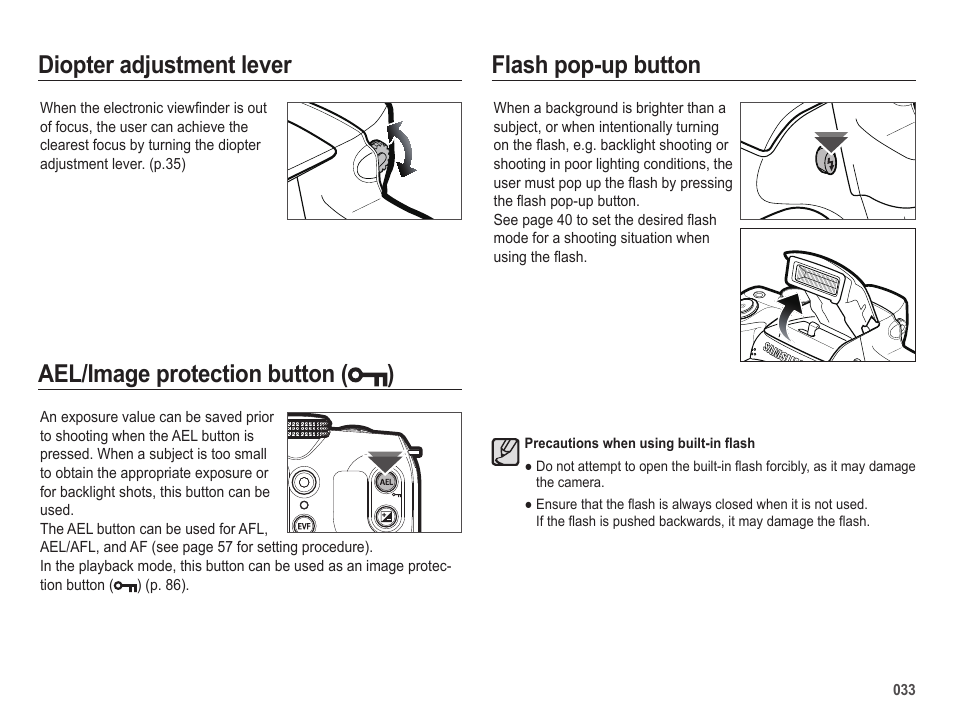 Diopter adjustment lever flash pop-up button, Ael/image protection button ( ) | Samsung EC-HZ25WZBPBUS User Manual | Page 34 / 122