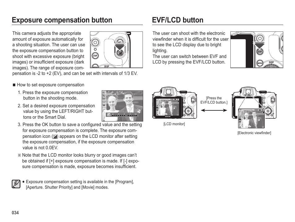 Exposure compensation button, Evf/lcd button | Samsung EC-HZ25WZBPBUS User Manual | Page 35 / 122
