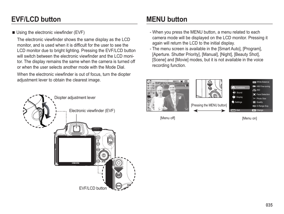 Menu button, Evf/lcd button | Samsung EC-HZ25WZBPBUS User Manual | Page 36 / 122