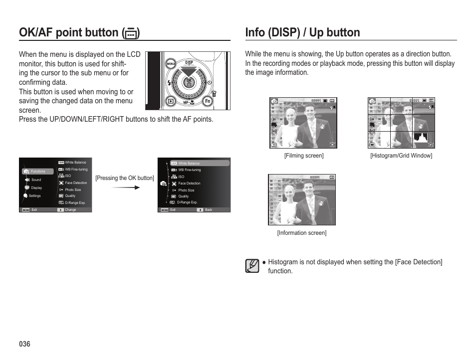 Info (disp) / up button, Ok/af point button ( ) | Samsung EC-HZ25WZBPBUS User Manual | Page 37 / 122