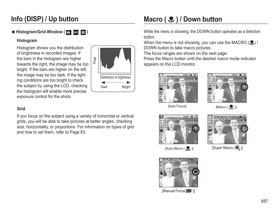 Macro ( ) / down button, Info (disp) / up button | Samsung EC-HZ25WZBPBUS User Manual | Page 38 / 122