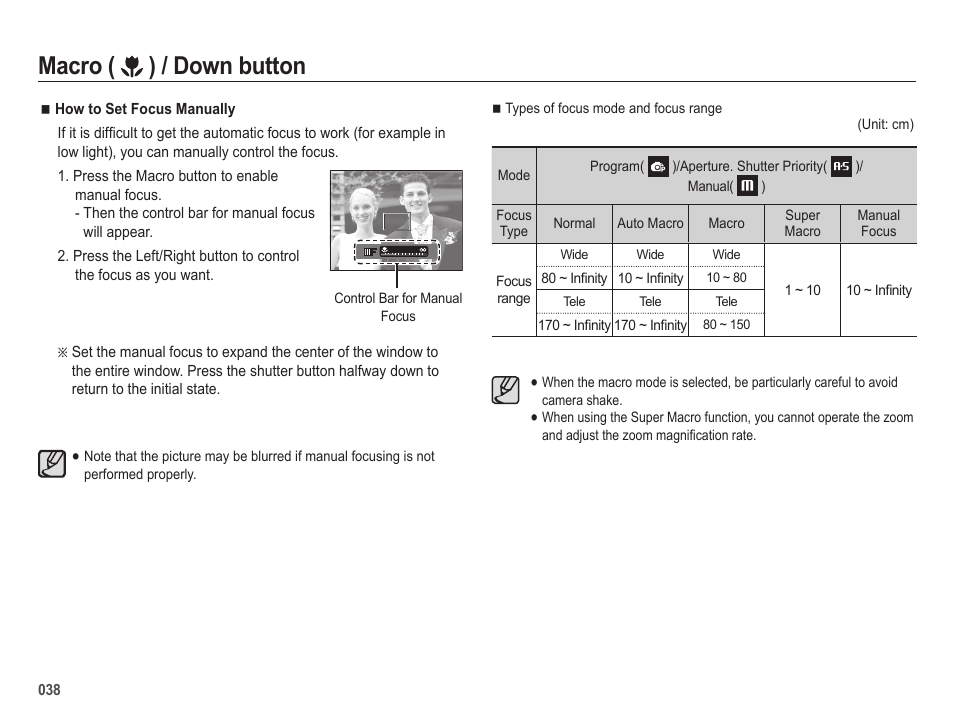 Macro ( ) / down button | Samsung EC-HZ25WZBPBUS User Manual | Page 39 / 122