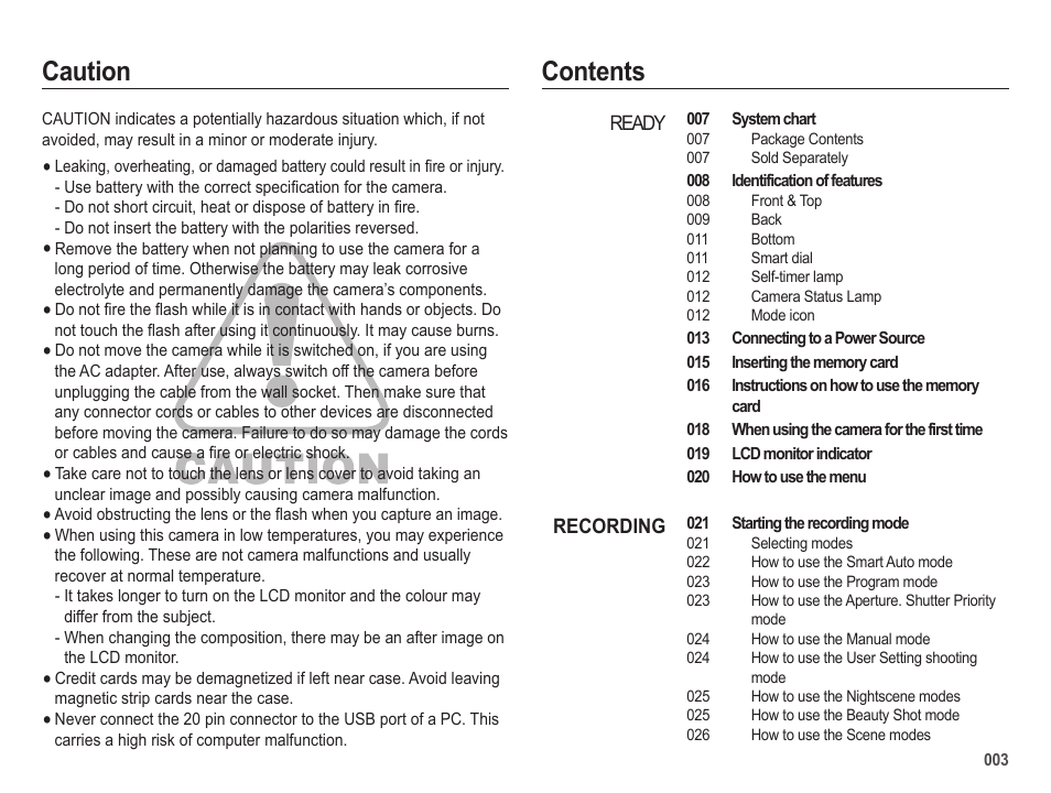 Caution contents | Samsung EC-HZ25WZBPBUS User Manual | Page 4 / 122