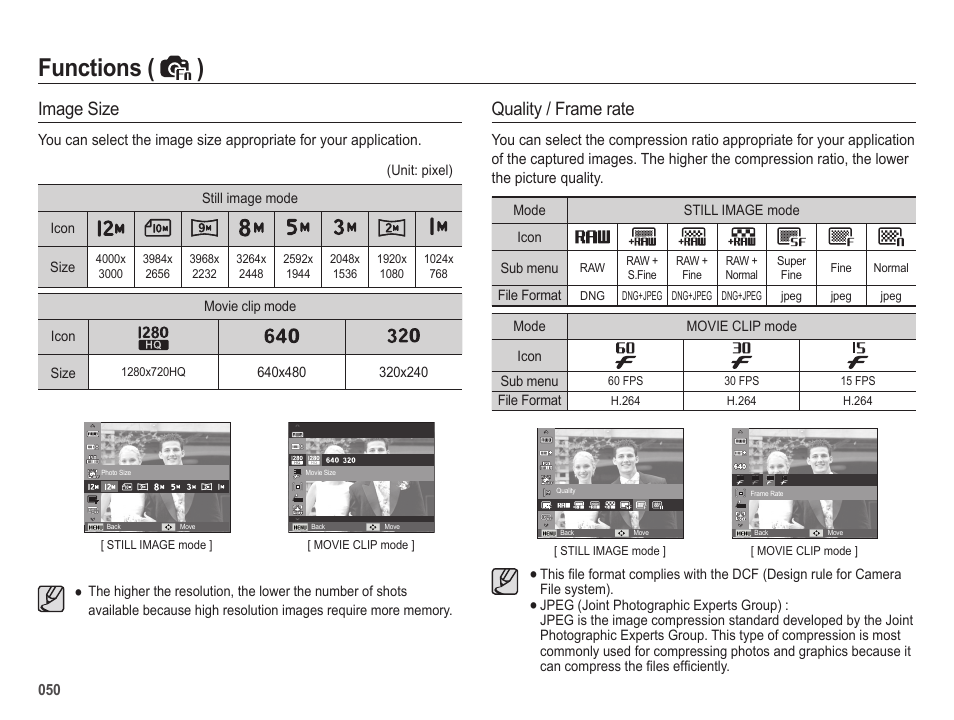 Functions ( ), Image size, Quality / frame rate | Samsung EC-HZ25WZBPBUS User Manual | Page 51 / 122