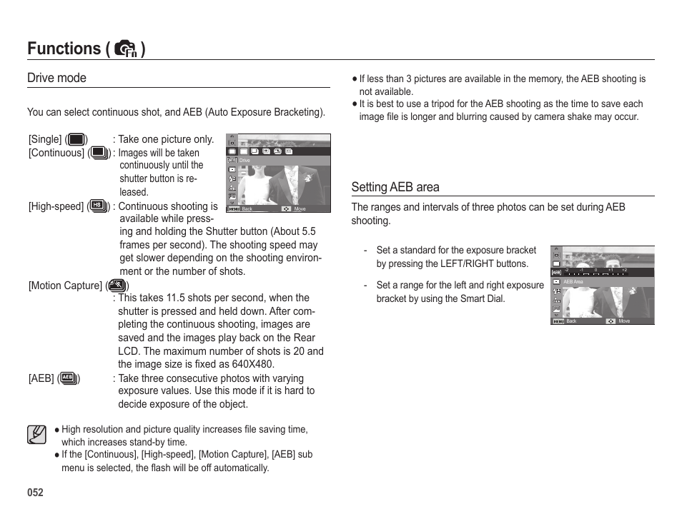 Functions ( ), Drive mode, Setting aeb area | Samsung EC-HZ25WZBPBUS User Manual | Page 53 / 122