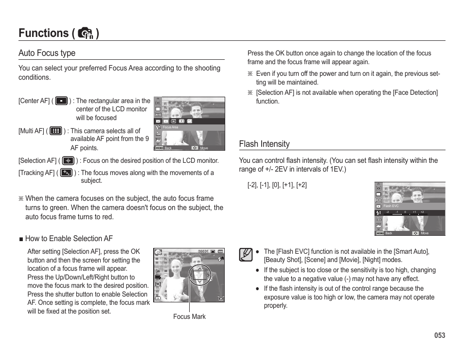 Functions ( ), Auto focus type, Flash intensity | Samsung EC-HZ25WZBPBUS User Manual | Page 54 / 122