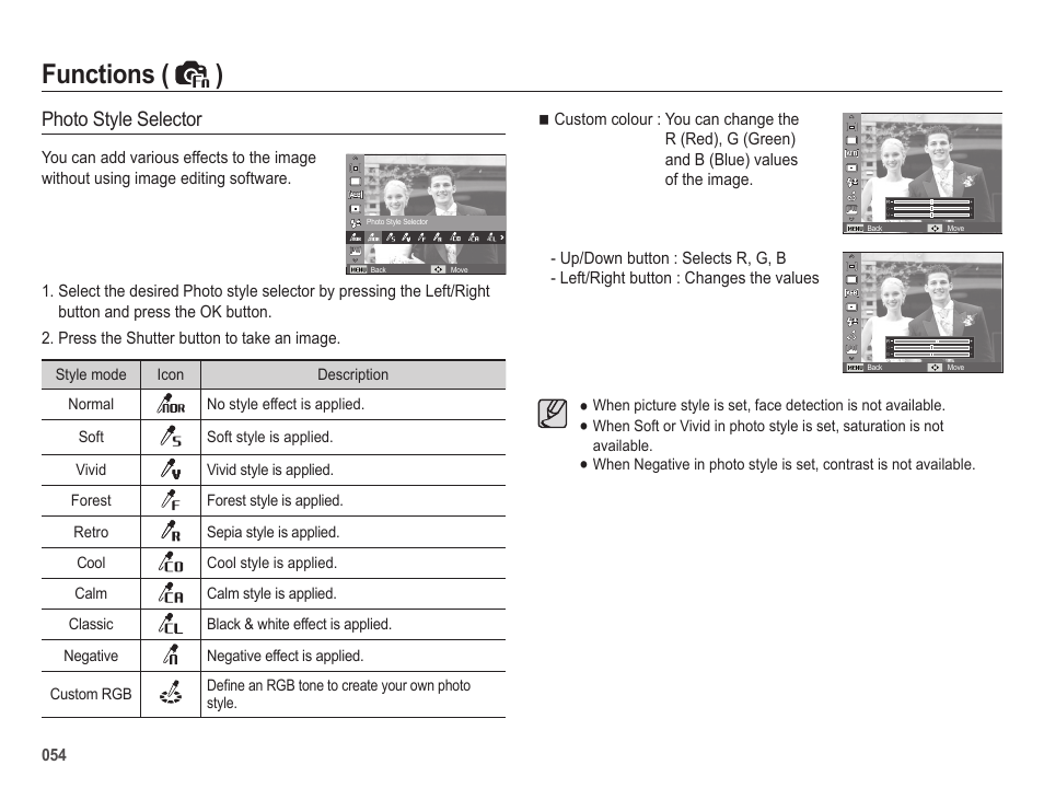 Functions ( ), Photo style selector | Samsung EC-HZ25WZBPBUS User Manual | Page 55 / 122