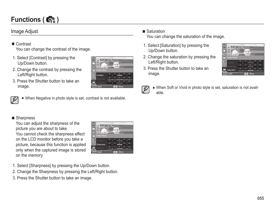 Functions ( ), Image adjust | Samsung EC-HZ25WZBPBUS User Manual | Page 56 / 122
