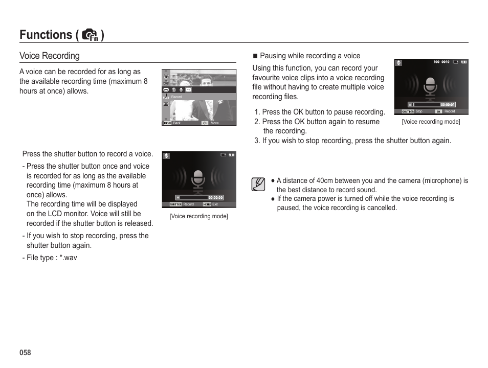 Functions ( ), Voice recording | Samsung EC-HZ25WZBPBUS User Manual | Page 59 / 122