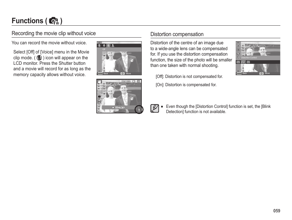 Functions ( ), Recording the movie clip without voice, Distortion compensation | Samsung EC-HZ25WZBPBUS User Manual | Page 60 / 122
