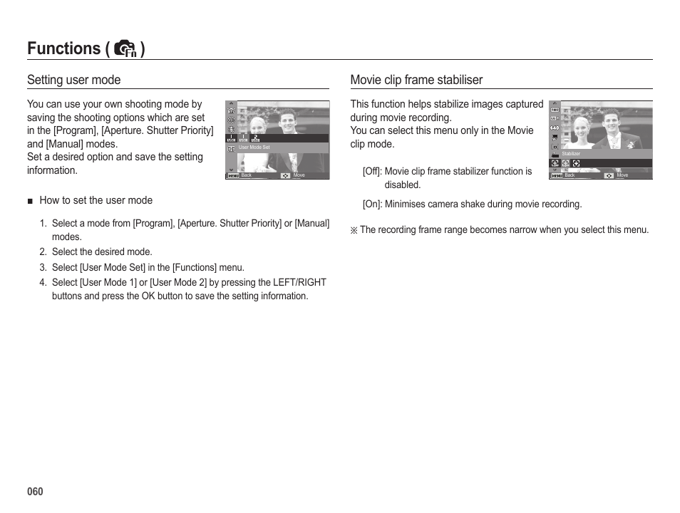 Functions ( ), Movie clip frame stabiliser, Setting user mode | Samsung EC-HZ25WZBPBUS User Manual | Page 61 / 122