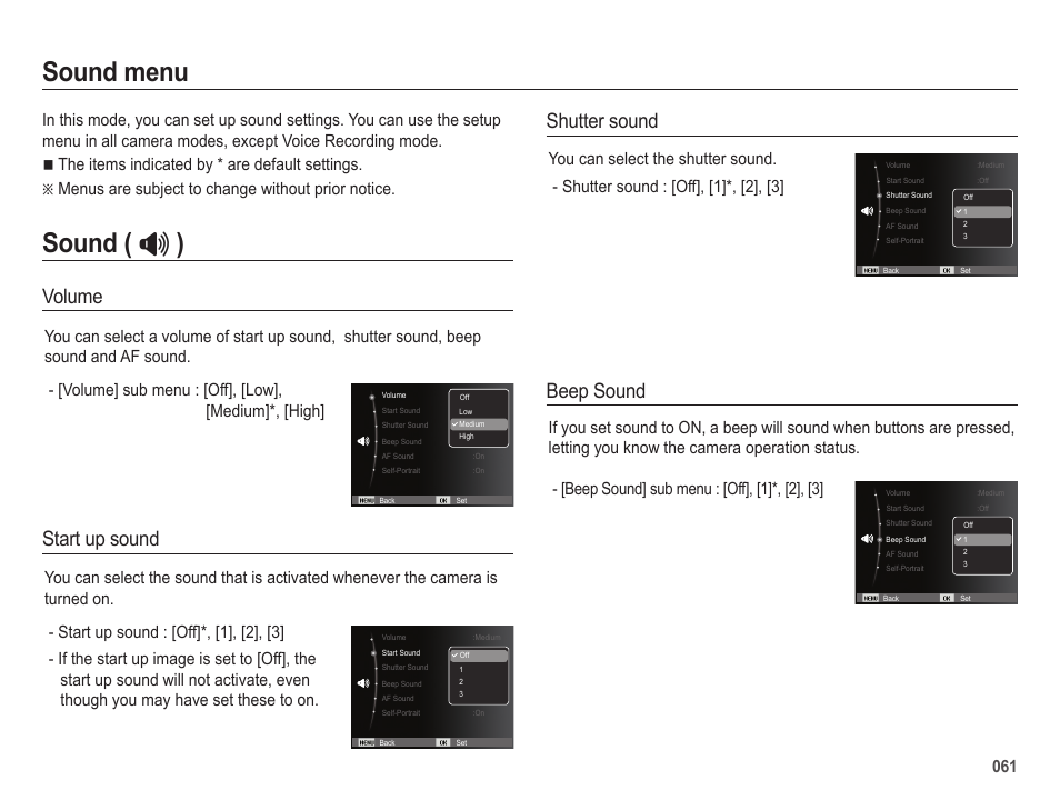 Sound menu, Sound (  ), Volume | Start up sound, Shutter sound, Beep sound | Samsung EC-HZ25WZBPBUS User Manual | Page 62 / 122