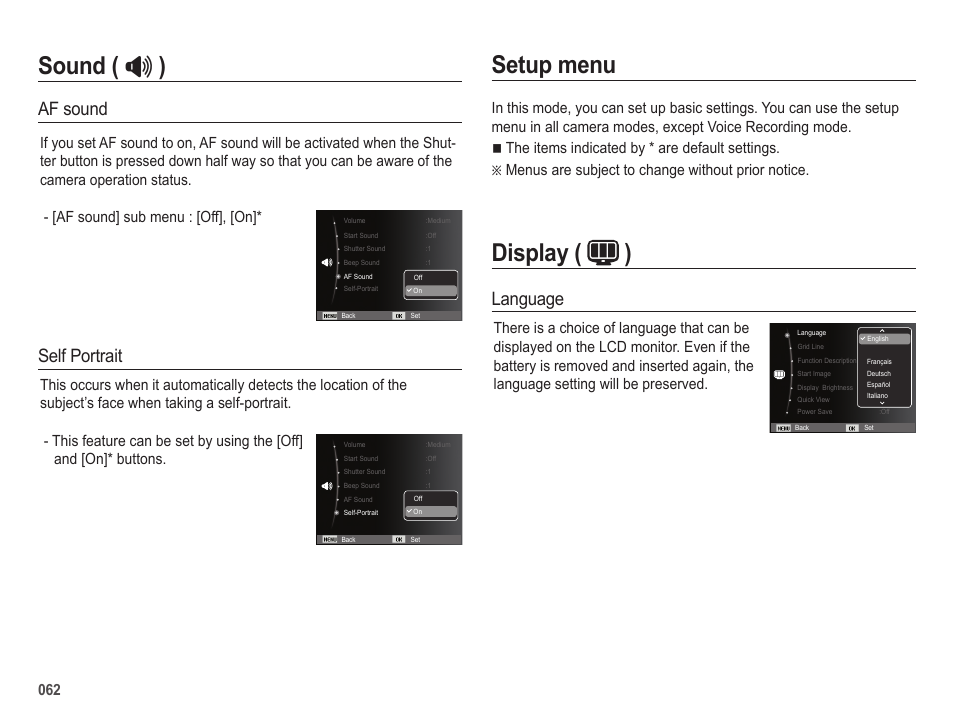 Setup menu, Display ( ) sound (  ), Af sound self portrait | Language | Samsung EC-HZ25WZBPBUS User Manual | Page 63 / 122