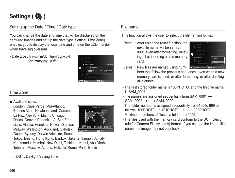 Settings ( ” ), File name, Setting up the date / time / date type | Time zone | Samsung EC-HZ25WZBPBUS User Manual | Page 67 / 122