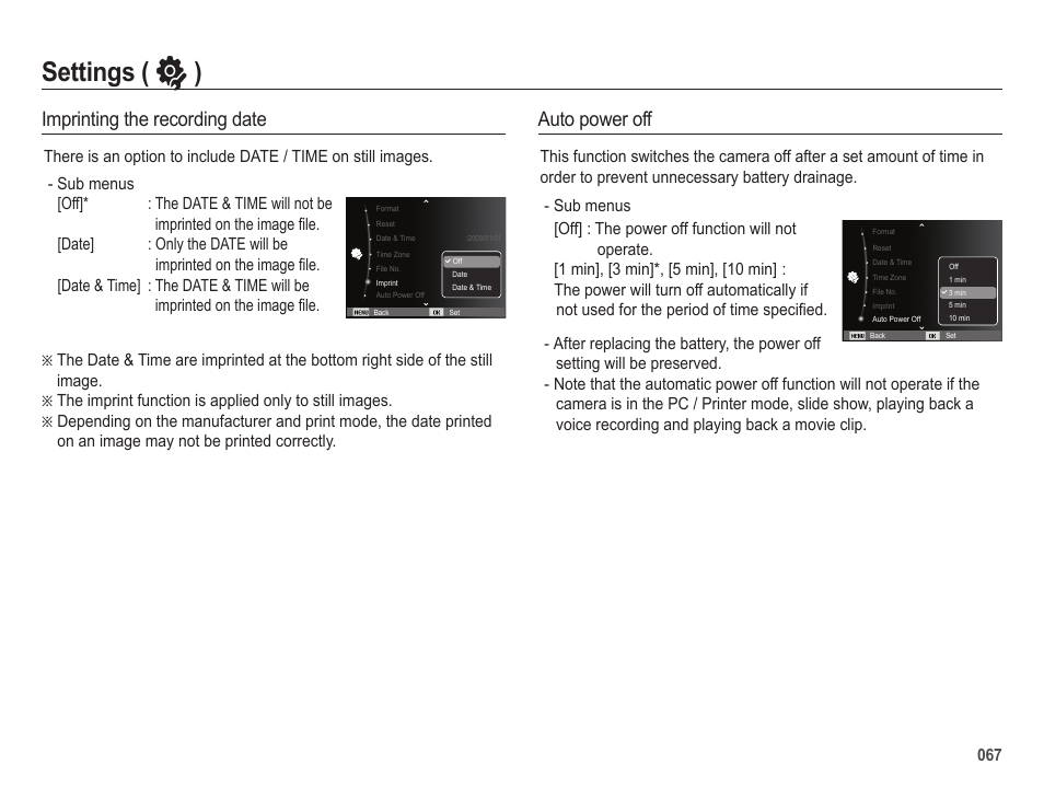 Settings ( ” ), Imprinting the recording date, Auto power off | Samsung EC-HZ25WZBPBUS User Manual | Page 68 / 122