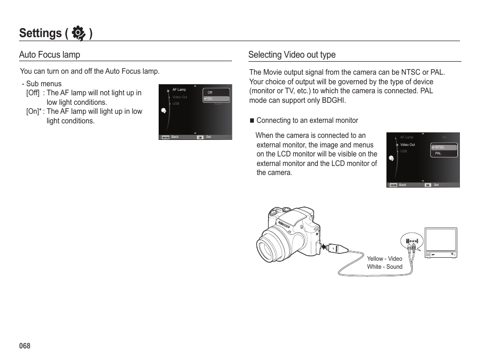 Settings ( ” ), Selecting video out type, Auto focus lamp | Samsung EC-HZ25WZBPBUS User Manual | Page 69 / 122