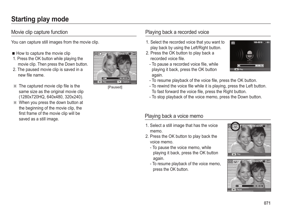 Starting play mode, Movie clip capture function, Playing back a recorded voice | Samsung EC-HZ25WZBPBUS User Manual | Page 72 / 122