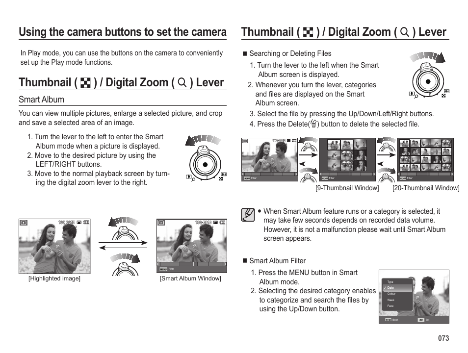 Thumbnail, Digital zoom, Lever using the camera buttons to set the camera | Lever, Smart album, Thumbnail window] [20-thumbnail window | Samsung EC-HZ25WZBPBUS User Manual | Page 74 / 122