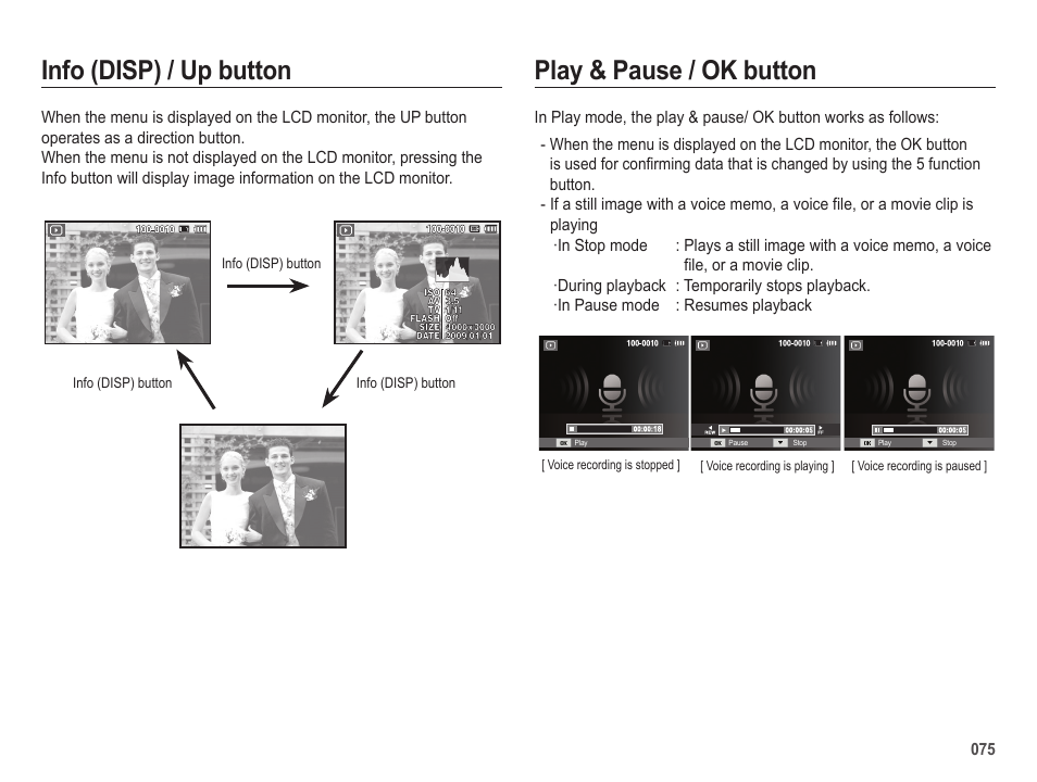 Play & pause / ok button, Info (disp) / up button | Samsung EC-HZ25WZBPBUS User Manual | Page 76 / 122
