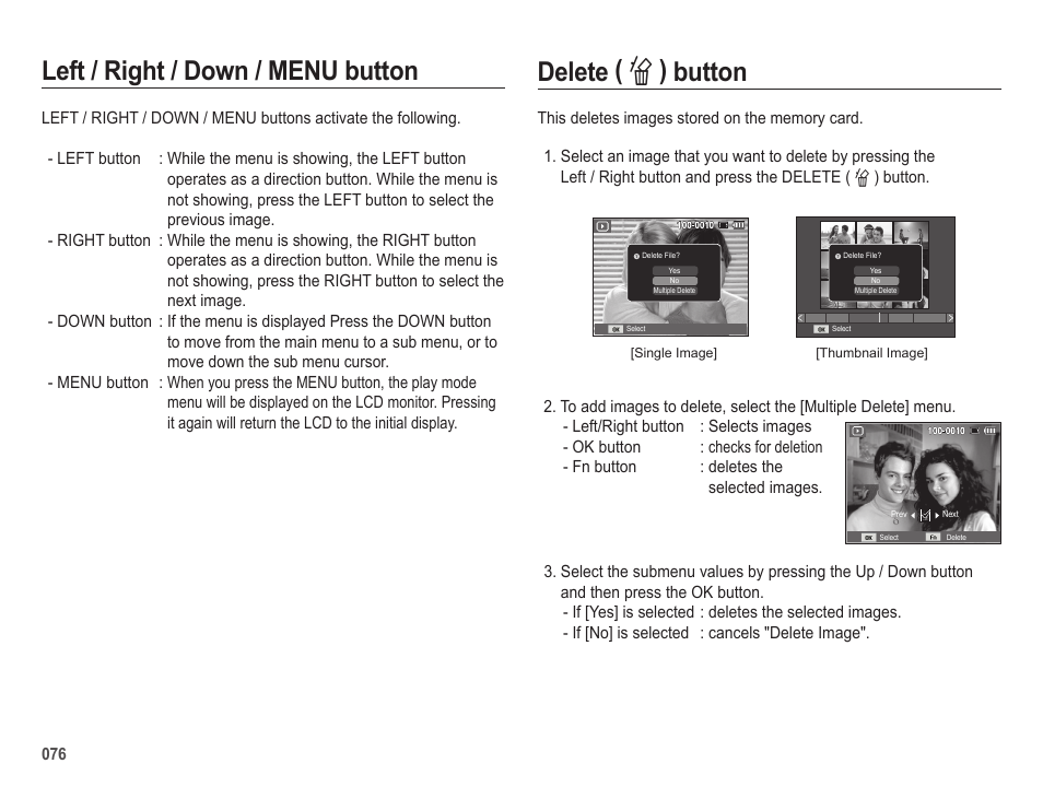 Delete ( õ ) button, Left / right / down / menu button | Samsung EC-HZ25WZBPBUS User Manual | Page 77 / 122