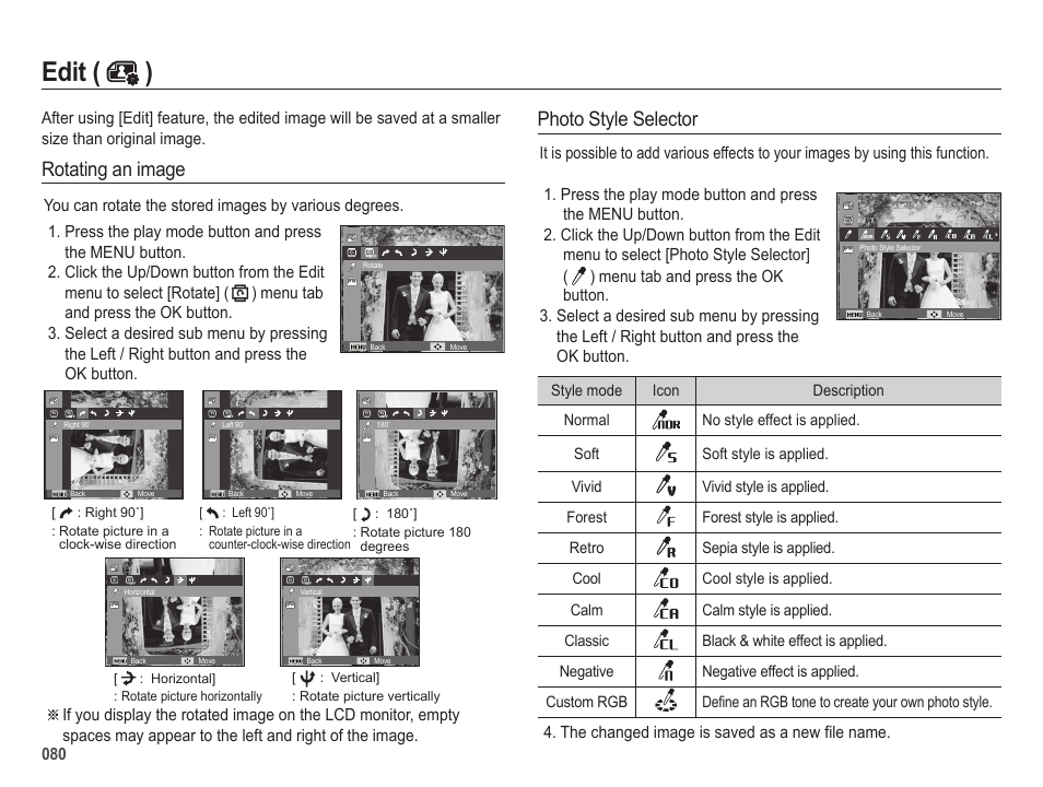 Edit ( ), Rotating an image photo style selector | Samsung EC-HZ25WZBPBUS User Manual | Page 81 / 122