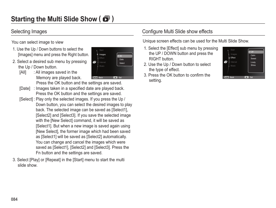 Starting the multi slide show (  ), Selecting images, Confi gure multi slide show effects | Samsung EC-HZ25WZBPBUS User Manual | Page 85 / 122