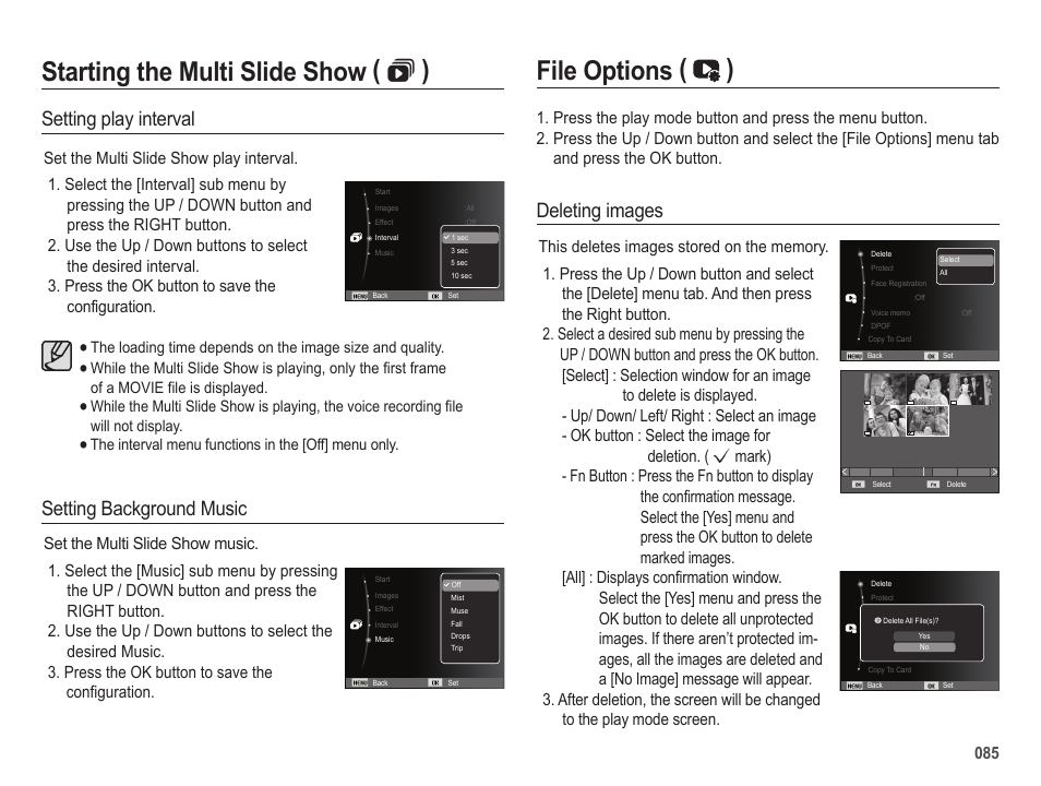 Starting the multi slide show (  ), File options ( ), Setting background music | Deleting images, Setting play interval | Samsung EC-HZ25WZBPBUS User Manual | Page 86 / 122