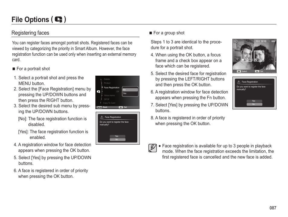File options ( ), Registering faces | Samsung EC-HZ25WZBPBUS User Manual | Page 88 / 122