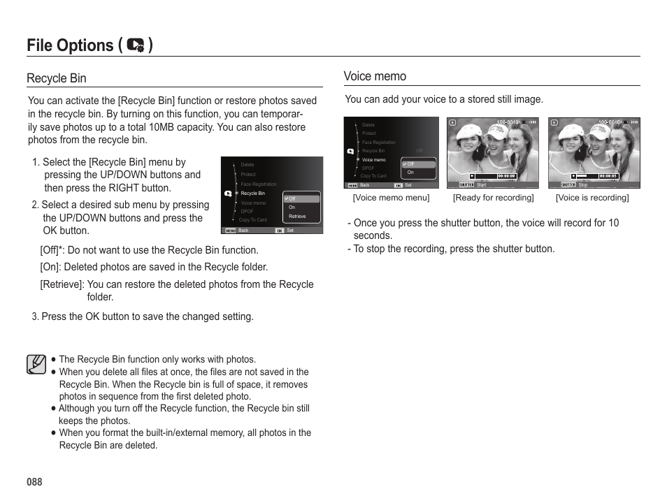 File options ( ), Recycle bin, 088 you can add your voice to a stored still image | Samsung EC-HZ25WZBPBUS User Manual | Page 89 / 122
