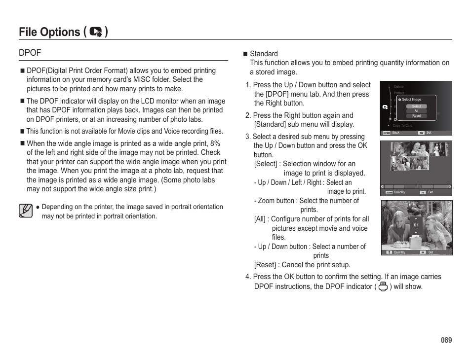 File options ( ), Dpof, 089 ê | Samsung EC-HZ25WZBPBUS User Manual | Page 90 / 122