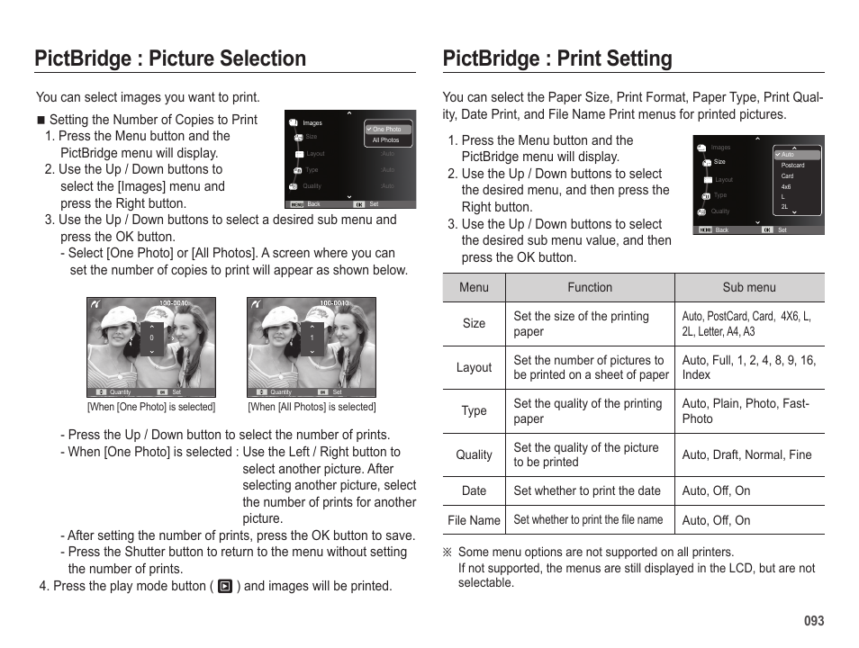 Pictbridge : picture selection, Pictbridge : print setting | Samsung EC-HZ25WZBPBUS User Manual | Page 94 / 122