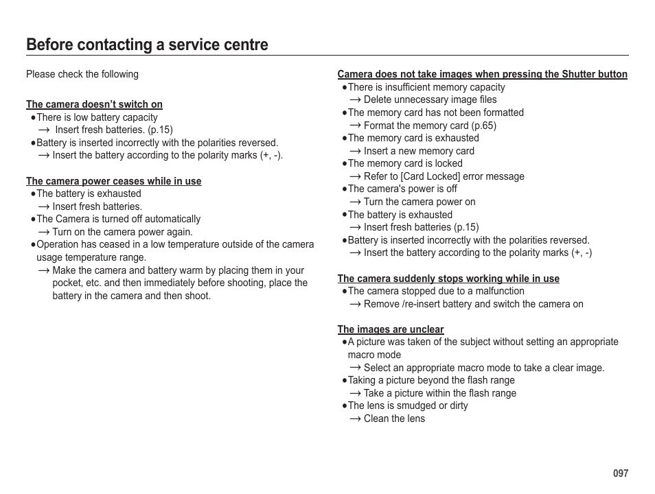 Before contacting a service centre | Samsung EC-HZ25WZBPBUS User Manual | Page 98 / 122