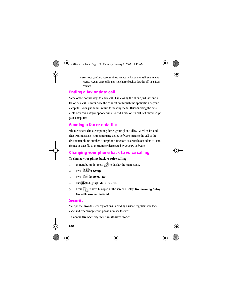 Security | Samsung SCH-A310SV-XAR User Manual | Page 100 / 146