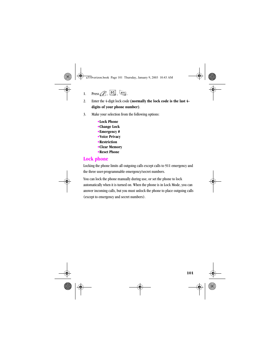 Lock phone | Samsung SCH-A310SV-XAR User Manual | Page 101 / 146