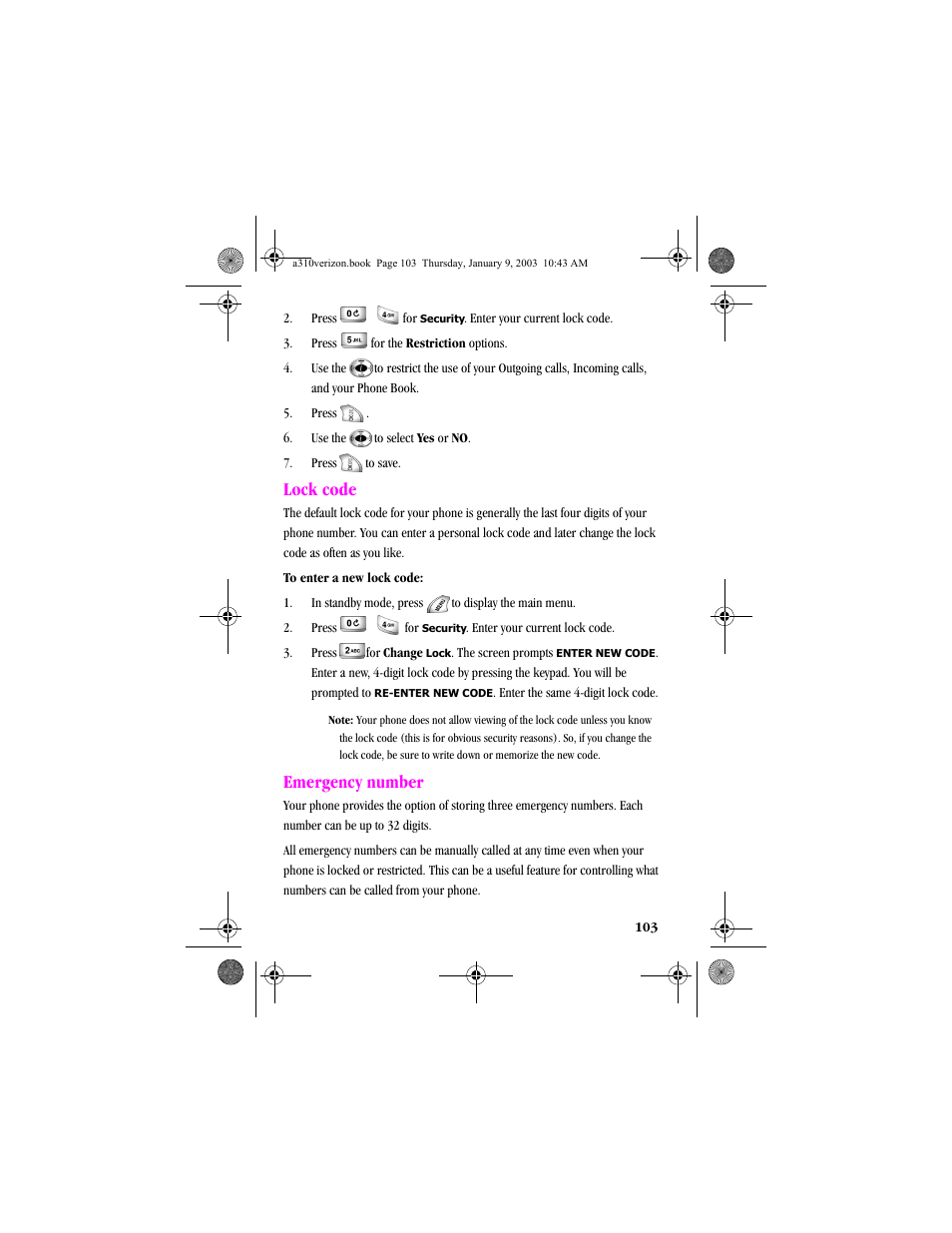 Lock code, Emergency number, Lock code emergency number | Samsung SCH-A310SV-XAR User Manual | Page 103 / 146